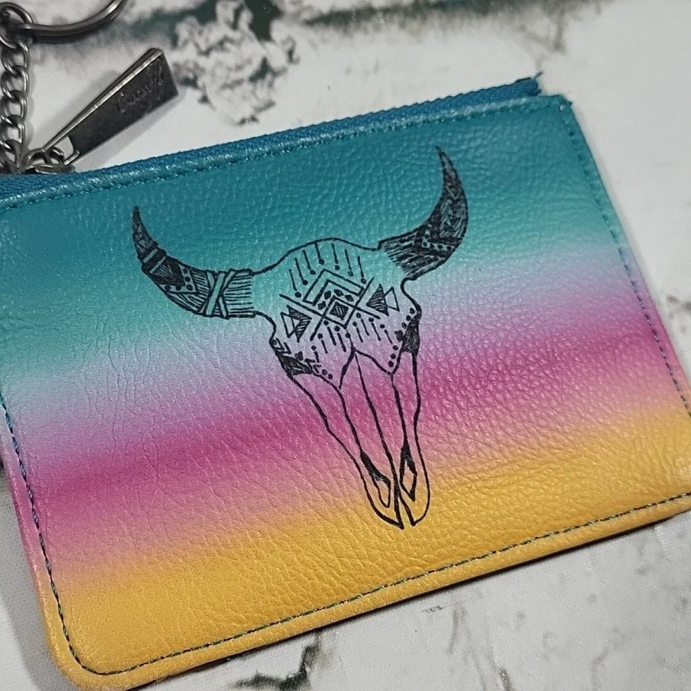 Catchfly Coin Purse Card Holder Western Skull Multicolor Print Zippered Wallet